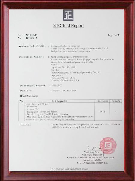 STC Test Report Cup Test